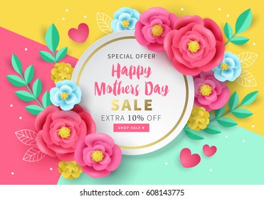 Mothers day sale banner template for social media advertising, invitation or poster design with paper art flowers background. Vector illustration