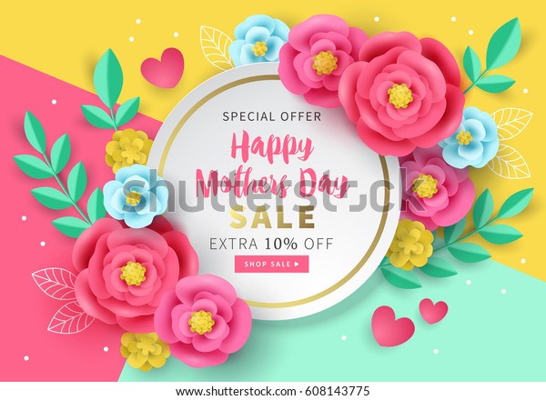Mothers day sale banner template for social\
media advertising, invitation or poster design with paper art\
flowers background. Vector\
illustration