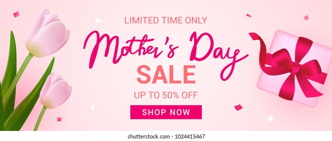 Mother's Day Sale Banner vector illustration, Beautiful Tulips with gift box.