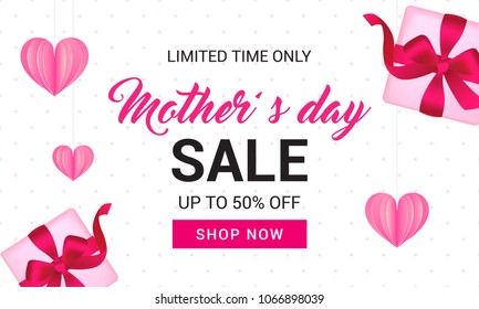 Mother's Day Sale Banner vector illustration. Gift box and heart paper on polka dot pattern background.