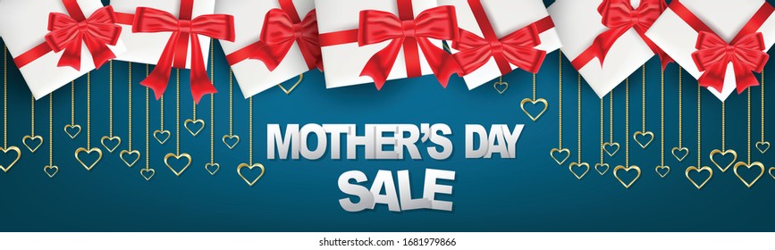 Mothers Day sale banner, website or newsletter header. Golden hearts garland and gift boxes on blue background. Vector illustration.