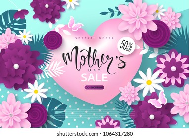 Mothers day sale banner.Background with blossom flowers, heart,butterflies and lettering. Vector illustration for posters, coupons, promotional material