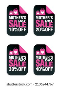 Mothers day sale black, pink stickers set with packages icon. Sale 10%, 20%, 30%, 40% off. Vector illustration