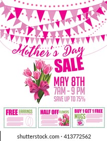 Mother's Day sale bunting and coupon marketing template. EPS 10 vector.