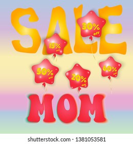 Mother's Day Sale Card, discount pink balloons on a colorful background with the word Mom