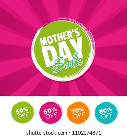 Mother's day sale color banner and 50%, 60%, 70% & 80% Off Marks. Vector illustration.