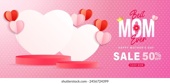 Concepto de venta del Día de las Madres para la Mejor MAMÁ con podio vacío. Oferta especial hasta 50% de descuento, hermosa Plantilla promocional para el Día de la Madre Feliz. Ilustración vectorial