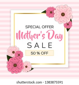 mother's day sale design banner template for promotion, marketing and clearance sale. beautiful brochure vector with lovely pink and white color decorated with flower and heart.