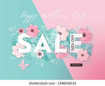 Mothers Day Sale Design. Spring Promo Discount Banner Template with Paper Cut Flowers for Flyer, Poster, Voucher Advertising. Vector illustration