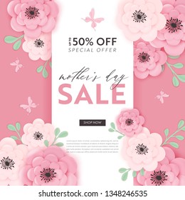 Mothers Day Sale Design. Spring Promo Discount Banner Template with Paper Cut Flowers for Flyer, Poster, Voucher Advertising. Vector illustration