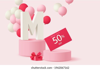 Mothers day sale design template. Pink stage with discount tag, gift box and pink balloon. Round poduim. Vector stock illustration.