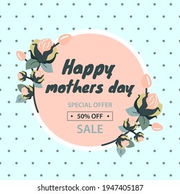 Mother's day sale. Discounts in the store for goods 50%. Seasonal sales poster, coupon or banner template. Flat vector illustration