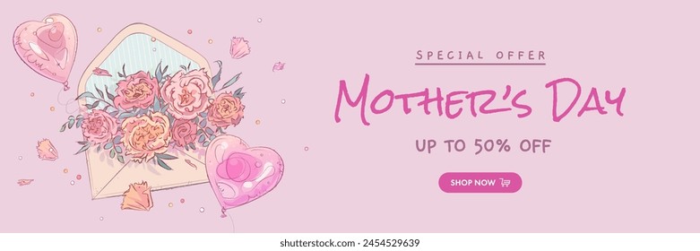 Mothers day sale flyer, billboard, wallpaper or web banner with hand drawn envelope, helium balloons and flowers on pink background. Vector illustration