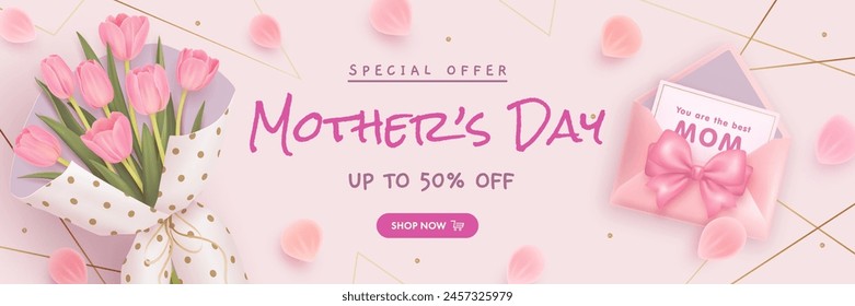 Mother's day sale flyer, wallpaper, billboard or web banner with realistic 3d tulips, envelope, petals on pink background. Best mom. Vector illustration