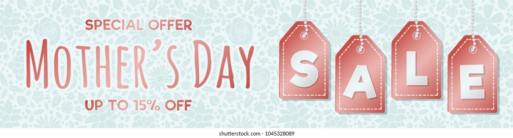Mother's Day Sale - glossy banner with flowers. Vector.