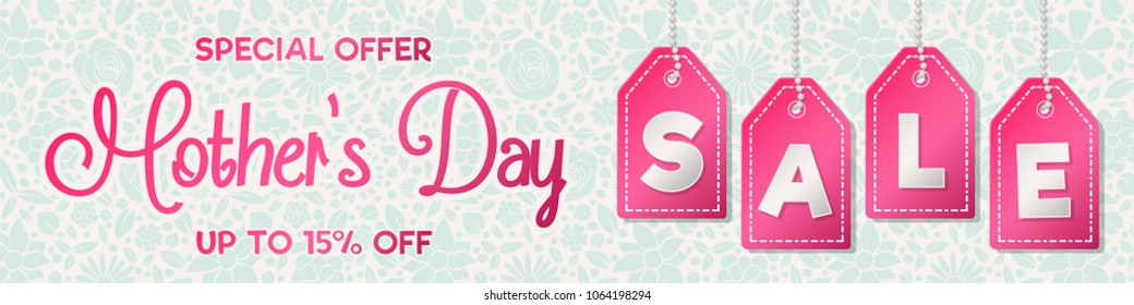 Mother's Day Sale - glossy banner with flowers. Vector.