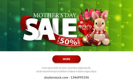 Mother's day sale, green discount banner with button, frame for text, plush rabbit, tulips and gift