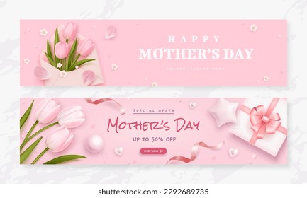 Mother's day sale horizontal banner set with sweet hearts, envelope, bouquet of tulips and gift box on pink background