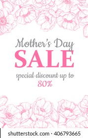 Mother's Day Sale Illustration. Detailed Flower Drawing. Great Banner, Flyer, Poster, Brochure For Your Business Holiday Discount. Mothers Day Special Offer.