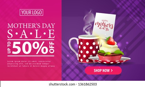 Mother's day sale, modern discount horizontal banner with button and cup of tea with cupcake