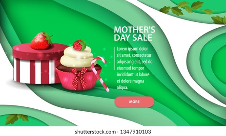 Mother's day sale, modern green horizontal discount banner in paper cut style design with button, gift, strawberry and cupcake