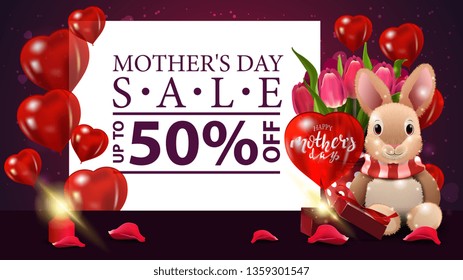 Mother's day sale, modern purple discount banner with balloons, candle, petal, plush rabbit, tulips and gift