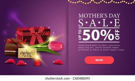 Mother's day sale, modern purple discount horizontal banner with button, candle, petal, gift, Tulip and candy