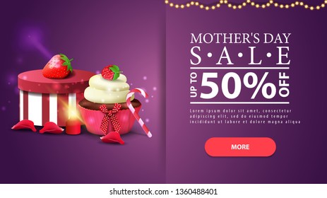 Mother's day sale, modern purple discount horizontal banner with button, candle, petal, gift, strawberry and cupcake