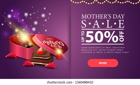 Mother's day sale, modern purple discount horizontal banner with button, candle, petal, gift in the shape of a heart and candy