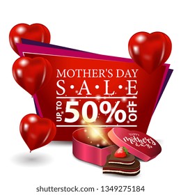 Mother's day sale, modern red discount banner with balloons, gift in the shape of a heart and candy