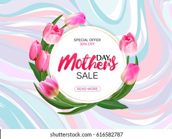 Mother's day sale offer banner template. Round frame with lettering on marble background. Feminine sale tag. Shop market poster design. Vector illustration. Elegant luxury design.