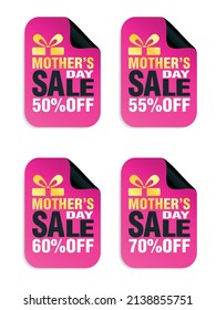 Mothers day sale, pink stickers set with box icon. Sale 50%, 55%, 60%, 70% off. Vector illustration