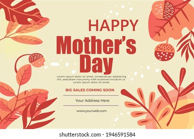 mother's day sale poster or banner. holiday shop seasonal discount offer. Vector International mother's Day  design template of colorful leaves and flowers.