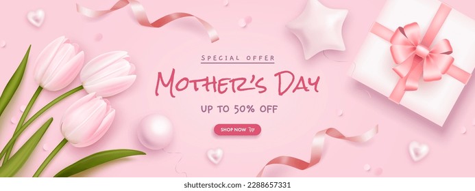 Mother's day sale poster or banner set with sweet hearts, envelope, bouquet of tulips and gift box on pink background