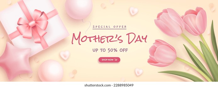 Mother's day sale poster or banner set with sweet hearts, helium balloons, gift box and bouquet of tulips on pink background