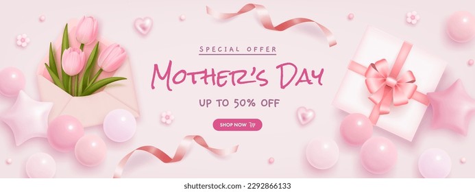 Mother's day sale poster or banner set with sweet hearts, envelope, bouquet of tulips and gift box on pink background22