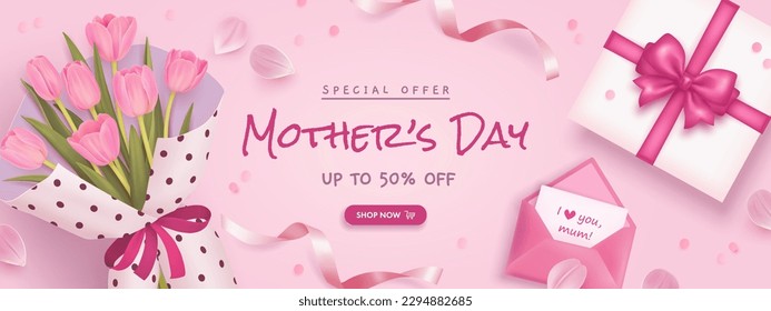 Mother's day sale poster or banner set with bouquet of tulips, envelope and gift box on pink background