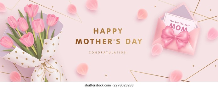 Mother's day sale poster or banner set with cartoon envelope and bouquet of tulips on pink background