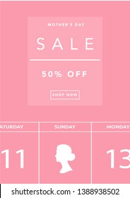 Mother's Day sale poster. Calendar with mother silhouette on pink background. Vector illustration for shopping mall. Discount and special offer sale poster.