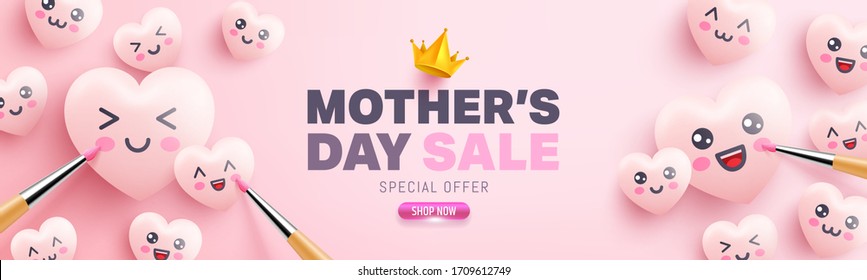 Mother's Day Sale Poster with cute hearts and cartoon emoticon painting on pink background.Promotion and shopping template or background for Love and Mother's day concept.Vector illustration eps 10