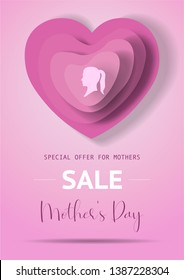 Mother's Day sale poster with pink paper hearts. Mother or woman silhouette on different shape of paper hearts for Mother's Day. Sale poster, banner, concept, vector illustration for shops.