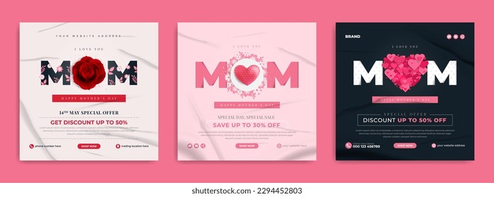 La promoción de la venta del día de la madre plantilla de publicación en medios sociales con rosa realista, globo de amor y fondo floral. Banner o volante de marketing de negocios para el día de la mujer. Cartel de bienvenida o afiche web de vacaciones.