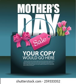 Mothers Day sale shopping bag background EPS 10 vector royalty free stock illustration for greeting card, ad, promotion, poster, flier, blog, article, social media, marketing