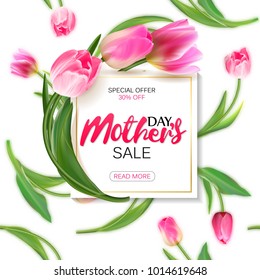 Mother's day sale shopping special offer holiday banner vector illustration. White plate with pink tulips on seamless tulips backdrop