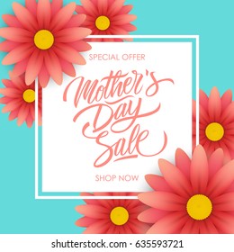 Mother's Day Sale special offer template for business, promotion and advertising. Calligraphic lettering text design and blossom flowers. Vector illustration.