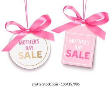 Mothers day sale tag with pink bow for your design. Vector set of discount labels