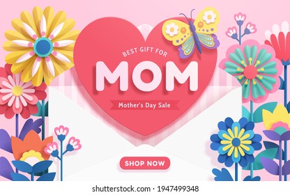 Mother's Day sale template designed in paper cut style on pink background. An opened envelope surrounded by colorful origami flowers sends love as the best gift for mothers.