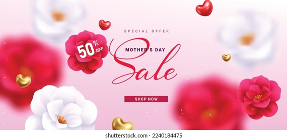 Mother's day sale vector banner design. Mother's day special offer text with 50% off shopping discount for international holiday background. Vector Illustration.
