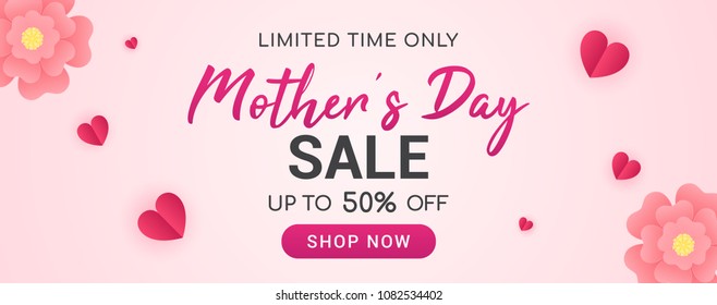 Mother's day sale vector illustration. Banner design with beautiful paper flowers and hearts.