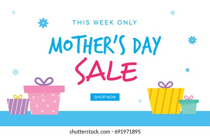 Mother's day sale vector illustration. Gift boxes and blue jasmine flowers.